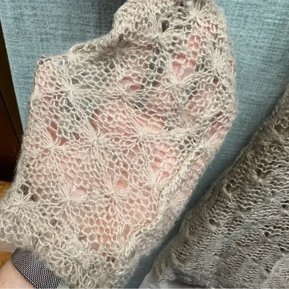 NITT By Flying Tomato Boho Crochet Lace Cowl Neck Tunic Sweater Lined Tan Large - Picture 5 of 11